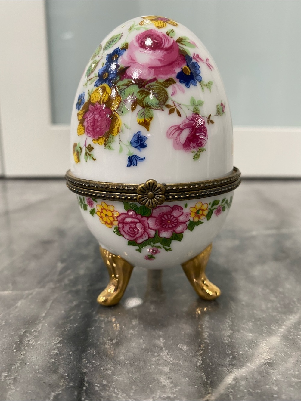 Vintage Floral Porcelain Egg Trinket Box with Gold Feet